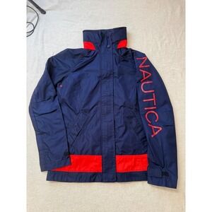 Nautica Windbreaker Jacket Women Large Navy Blue Red Colorblock Logo Zip Up